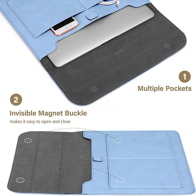 MOSISO Laptop Case 13 inch, 13 inch Laptop Sleeve Compatible with MacBook Air M4 M3 M2 M1 2025-2018 / Pro M2 M1 2025-2016, PU Leather Flap Carrying Case with Stand&Small Pouch, Pastel Blue