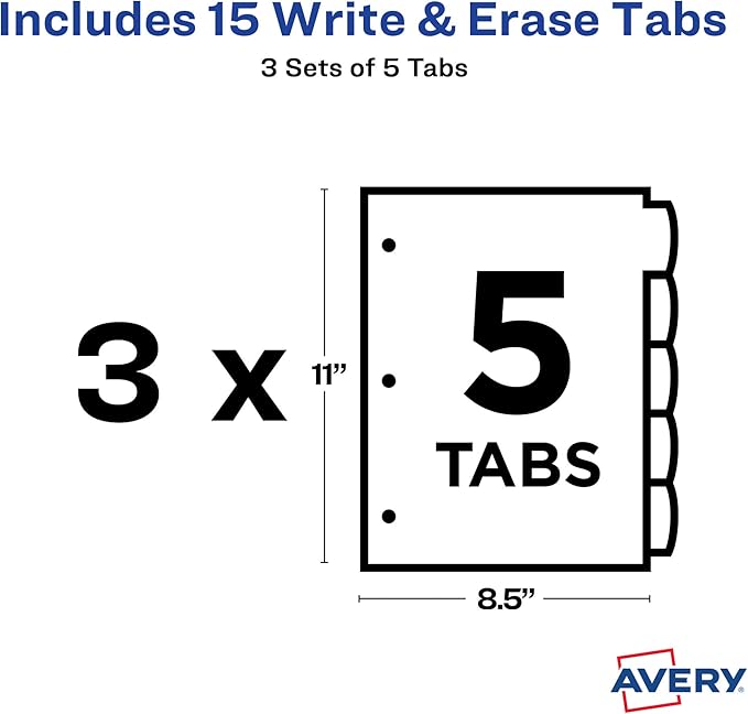 Avery Big Tab Write & Erase Durable Plastic Dividers, 5-Tab Set, Multicolor Brights, 3 Sets (21212) (Pack of 8)