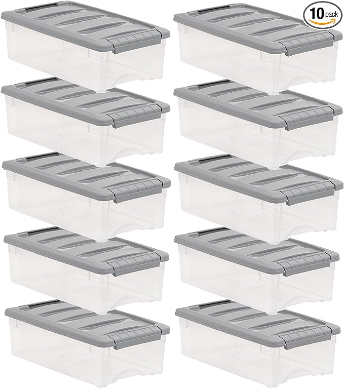 Amazon Basics Plastic Storage Containers with Secure Latching Lids, Stackable Organization Bins for Organizing, Clear/Grey, 5 Quart, Set of 10
