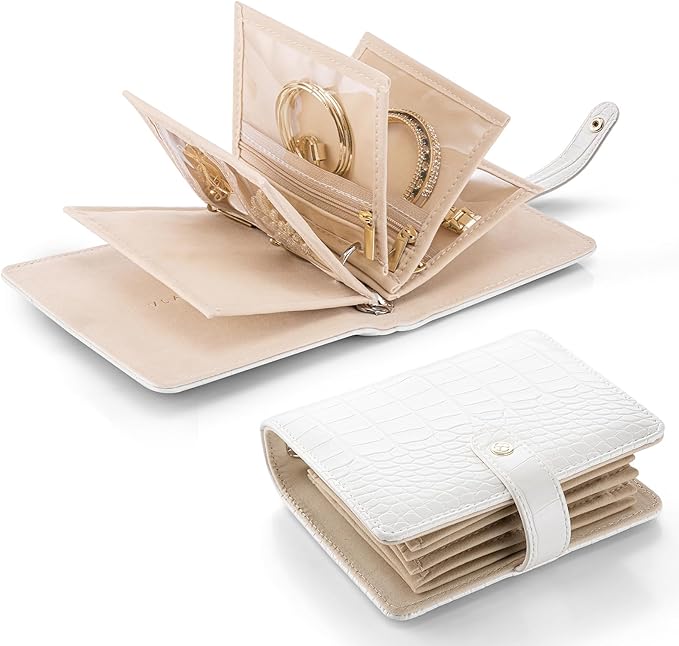 Vlando Travel Jewelry Organizer Case,Travel Gifts for Women,Portable Jewelry Storage Book Ring Binder with Clear Zipper Velvet Jewelry Pouch Bag-White