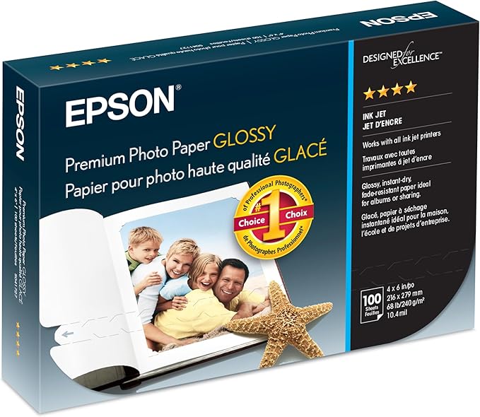 Epson S041727 Premium Photo Paper, 68 lbs., High-Gloss, 4 x 6 (Pack of 100 Sheets),White