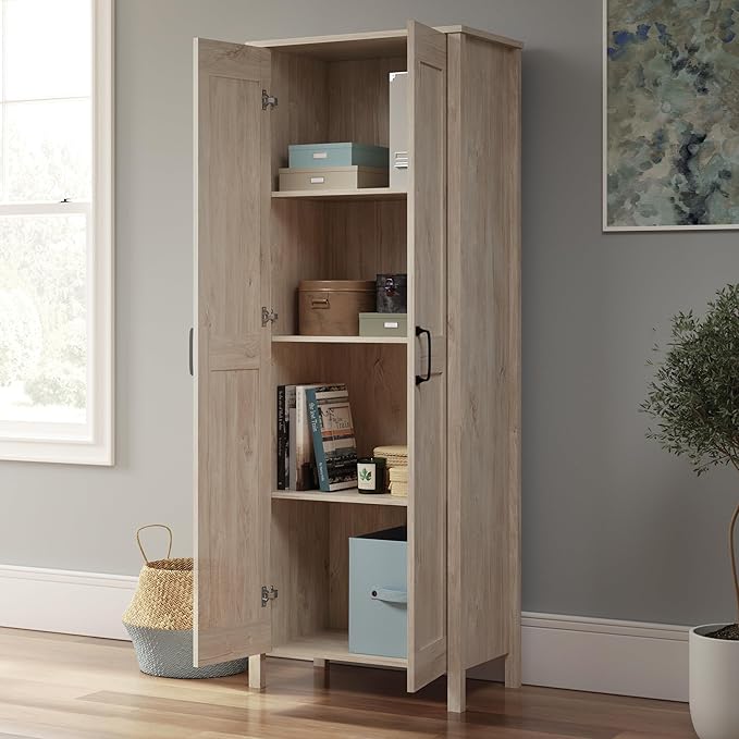 Sauder 2-Door Storage Cabinet, Tall Wooden Organizer, in a Chalk Oak Finish