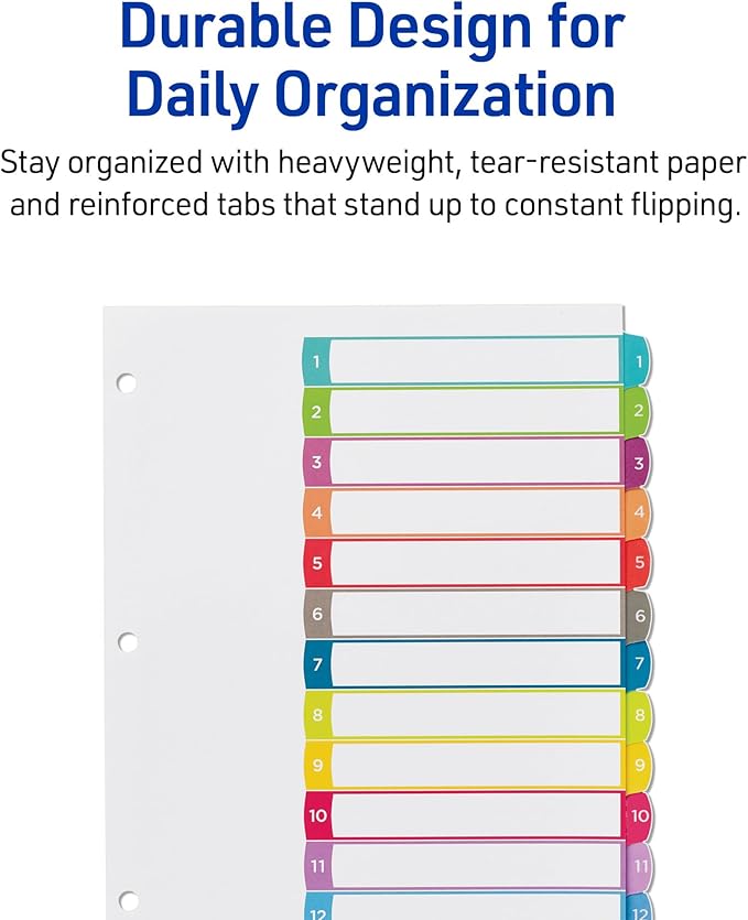 Avery Dividers for 3 Ring Binders, 12 Tabs per Set, Customizable Table of Contents, Multicolor Arched Tabs, Great for Organizing Reports, Projects, and More (24 Sets of 11843)
