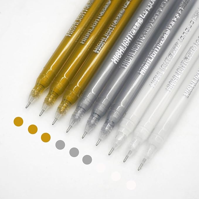 Gel Pens with Fine Point 0.6mm, 9 Colors Drawing Pencils for Adult Coloring Books Smooth Writing Pen Set for Journaling(Gold Silver White)