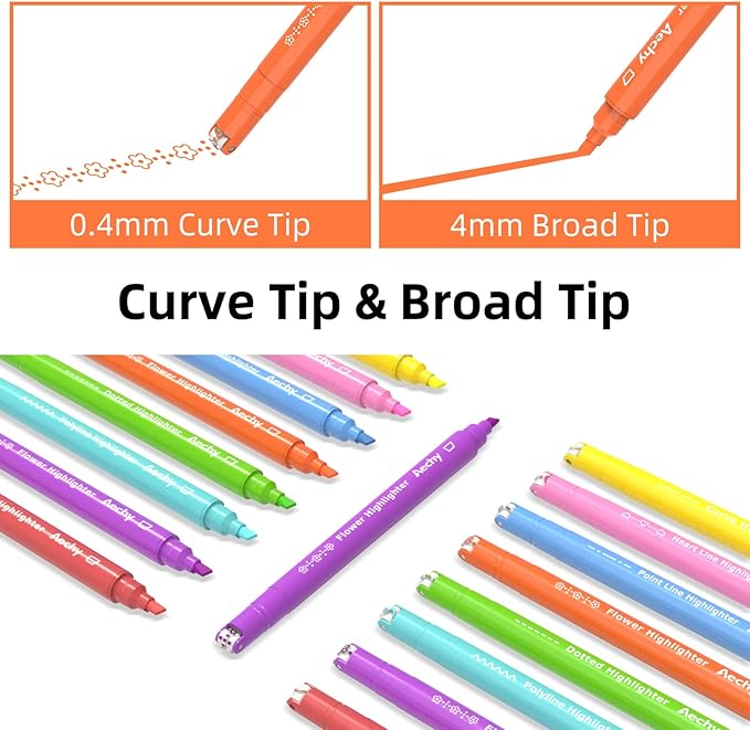 AECHY 8PCS Curve Highlighter Pen Set, Dual Tip Marker Pens with 6 Different Curve Shapes & 8 Colors Mark Lines, Aesthetic Curve Marker Highlighter for Journal Planner School Supplies