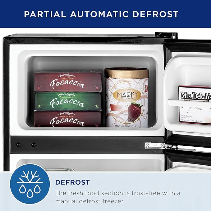 GE Double-Door Mini Fridge, Freestanding Compact Refrigerator with Freezer, 3.1 Cu Ft, Black, GDE03GGKBB