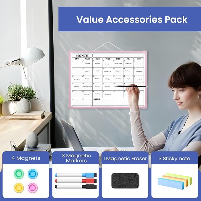 Pink Frame Whiteboard Calendar, 16" x 12" Plastic Dry Erase Board Calendar, Small Monthly Planner for Wall