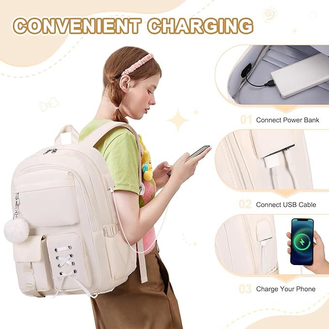 Backpacks for Girls, Girls Backpack with Lunch Box & Pencil Pouch for Teens Girl Kids Elementary Middle High School College Student Bookbag Daypack Laptop Travel Backpack for Women (Beige)