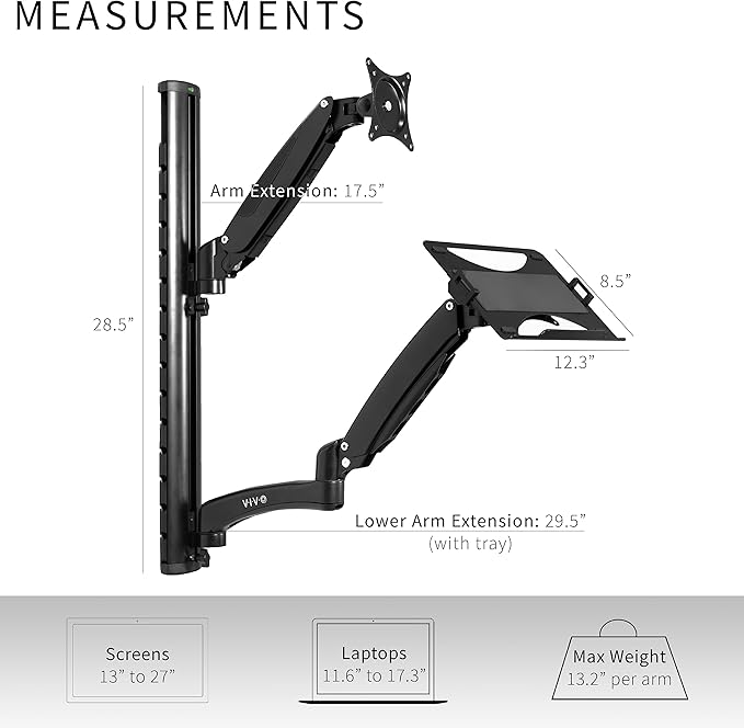 VIVO Sit-Stand Wall Mount Counterbalance Height Adjustable Monitor and Laptop Workstation for Screens up to 27 inches, STAND-SIT1L
