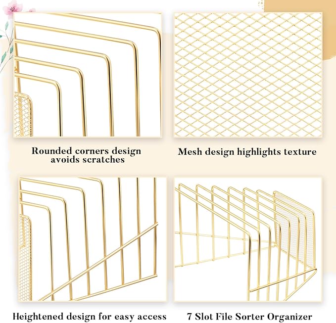 2 Pcs 7 Section Wire File Organizer for Desk, Metal Mesh Incline File Holder, Letter & Magazine Folder Rack, Desktop Paper Sorter for Home Office School (Golden)