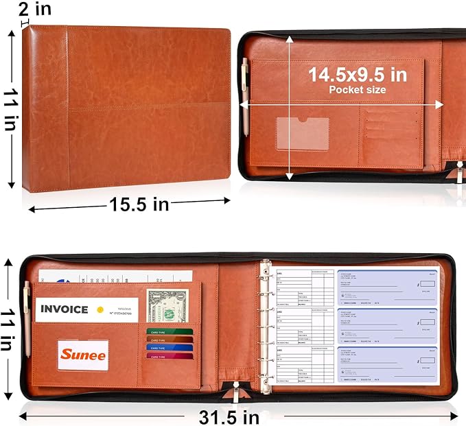 SUNEE Zippered Business Checkbook Binder 7 Ring 1 Inch with Zipper for Business Checks (9" x 13"), PU Leather Check Binder Holds 600 Checks Capacity for Executive Supplies, Brown