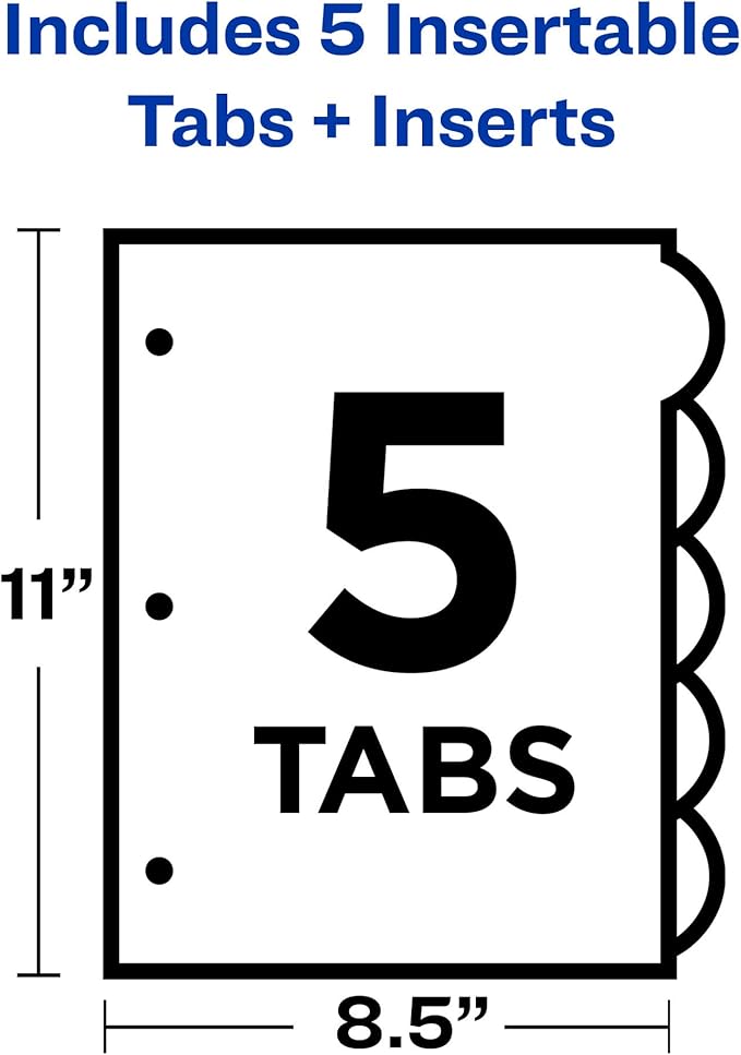 Avery Insertable Style Edge Plastic Dividers for 3 Ring Binders, 5-Tab Set, Multicolor, 1 Set (11200)