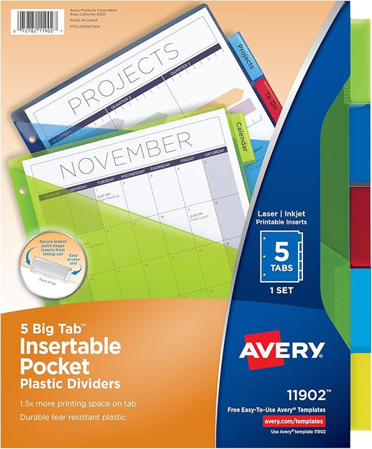 Avery Dividers for 3 Ring Binders, 5 Tab Plastic Binder Dividers, Pockets, Insertable Big Tabs, Multicolor, Extend Beyond Sheet Protectors, 1 Set (11902)