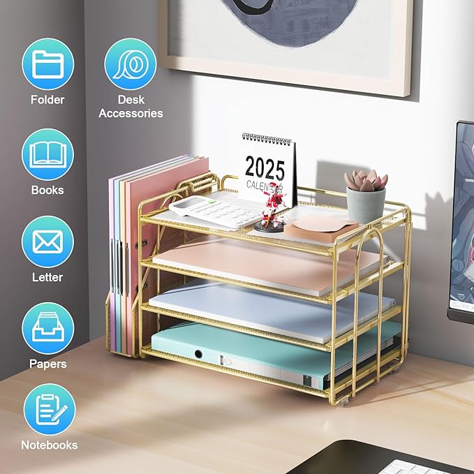 gianotter 4-Tier Paper Organizer With Magazine Holder, Desk Organizers and Accessories, Desk Accessories & Workspace Organizers, File Organizer for Office Supplies Storag (Gold, 4-Tier)
