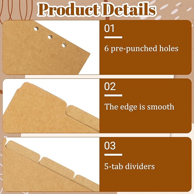 3 Sets A5 Paper Divider, 6 Hole Ring Binder Dividers, Notebook Index Page Tab Cards, for Travel Diary Binder Notebooks Journal Plan