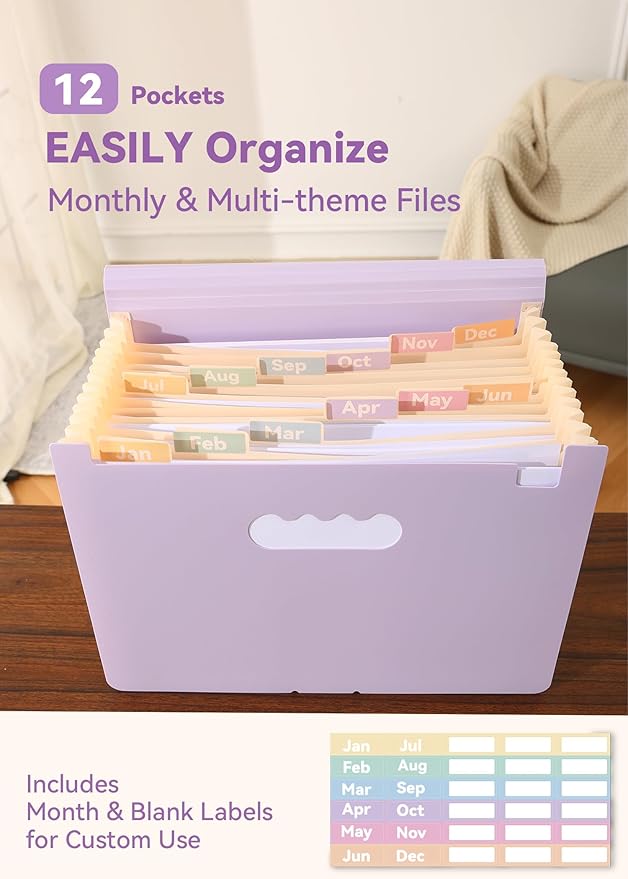 Accordion File Organizer 12 Pockets, Monthly Bill Receipt Tax Organizer, Expanding File Folders with Larger Bright Tabs, Fits Letter/A4 Size - Black - Purple