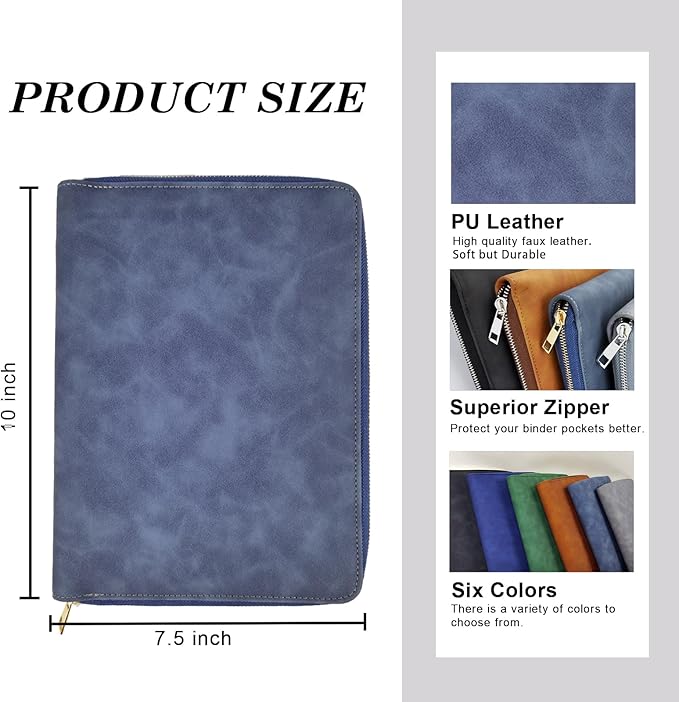 A5 Binder Case PU Leather Portfolio Budget Binder Refillable Notebook Planner Cover with Zipper 6 Rings Money Document Organizer for Business Interview (Greyblue)