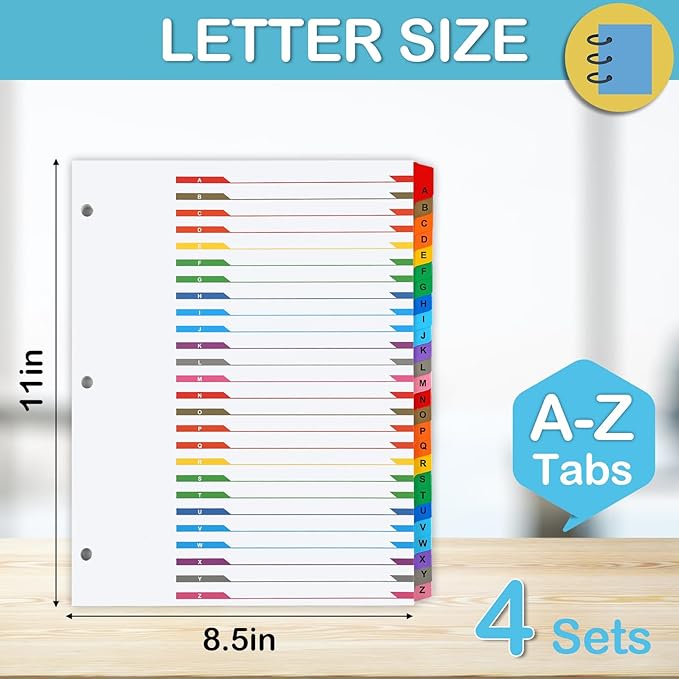Alphabet Binder Dividers for 3 Ring Binder, COIDEA A-Z Dividers for 3 Ring Binder, Multicolor A-Z Binder Dividers with Customizable Table of Contents Page, ABC Alphabet Tabs for School Office (104)