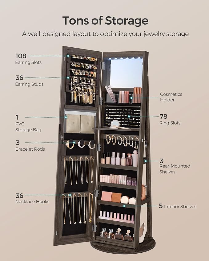 SONGMICS LED Jewelry Cabinet Standing, Lockable Armoire With Full-Length Mirror and Adjustable Lights, Space-Saving Organizer, Gift Idea, Ash Brown UJJC008K02