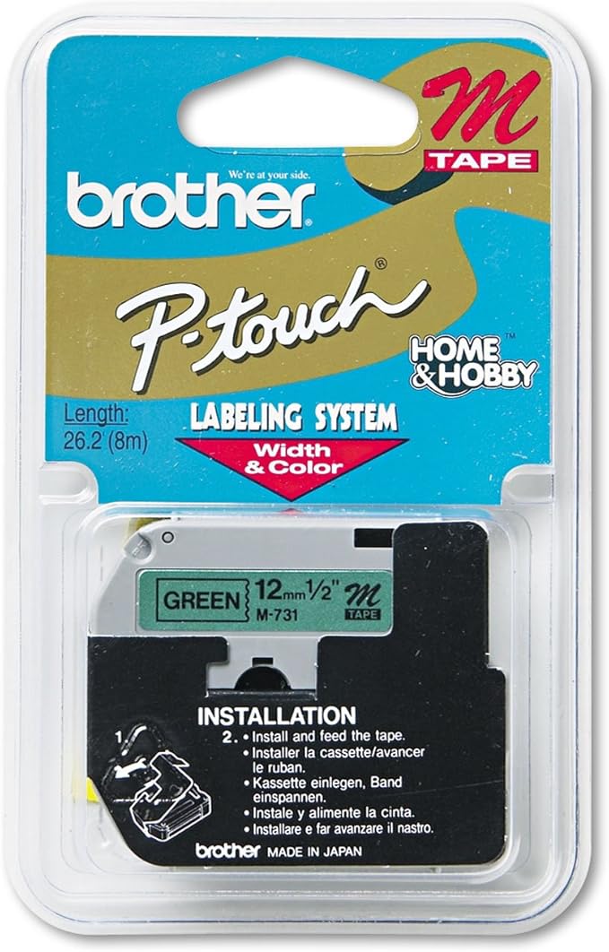 Brother Tape Cartridge 0.5IN Wide, Non-laminated Black On Green (M731)
