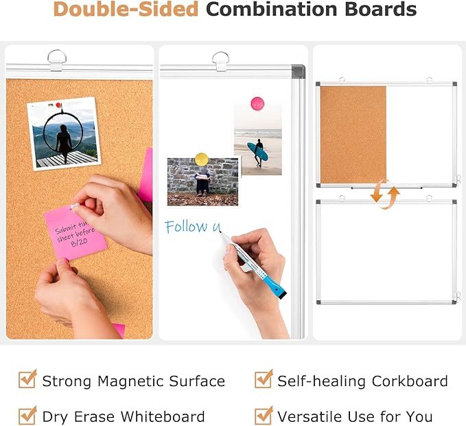 WALGLASS Combination Magnetic Whiteboard & Corkboard, 20"x30" Combo for School, Office & Home, Dry Erase Board with Removable Tray, Pins, Eraser, Markers & Magnets