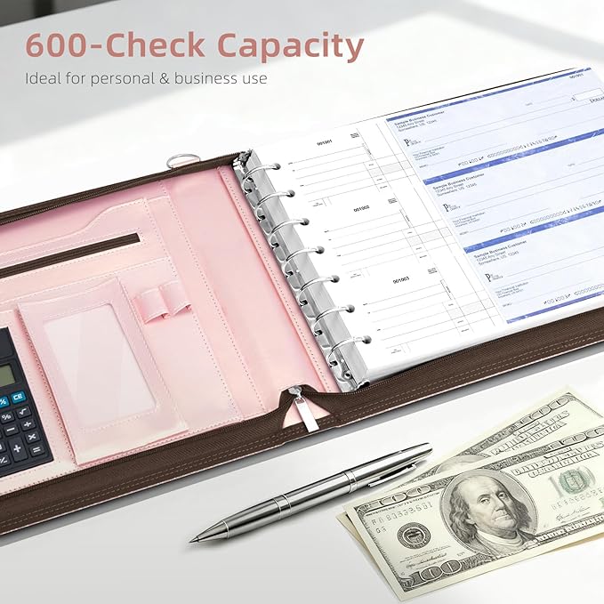 Ospelelf Rose Gold Zippered 7 Ring Check Binder for Business Checks (9" x 13"), 1 Inch Faux Leather Checkbook Portfolio with Zipper Pouch, Professional Binder Organizer for Accountants, Home Use