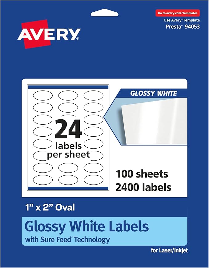 Avery Glossy White Oval Labels, Sure Feed Technology, 1" x 2", 2,400 Glossy White Labels, Print-to-The-Edge, Permanent Adhesive, Laser/Inkjet Printable