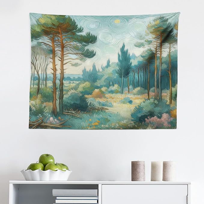 Ambesonne Forest Tapestry, Trees Bushes Sky with Dramatic Brush Stroke Effects Post-Impressionism, Fabric Wall Hanging Decor for Bedroom Living Room Dorm, 28" X 23", Cadet Blue Green Amber