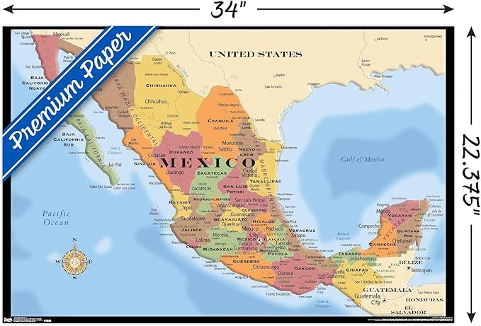 Trends International Map - Mexico Wall Poster, 22.375" x 34", Premium Poster & Mount Bundle