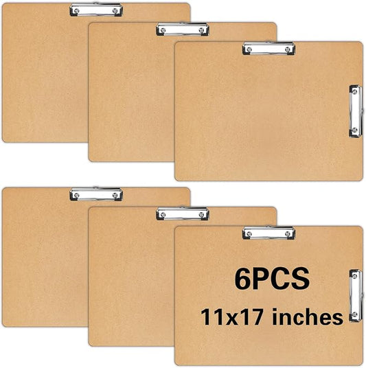 Extra Large 11x17 Clipboard, Wood Cleats with Low Profile Clips for Drawing, Sketching, and Art Boards, Horizontal Wood Lapping, Landscape Layout (3Mm Thickness) (6 pcs11 x 17 Double Clips clipboard)