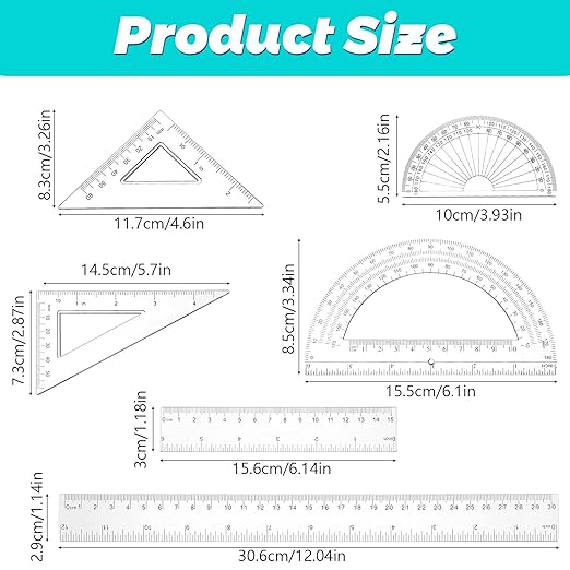 6PCS Small Clear Ruler 1 Set Plastic Geometry Set Includes 12 Inch 6 Inch Student Transparent Straight Rulers, 6" 4" Math Protractor, 30/60 and 45/90 Triangle Kids Ruler for School Office Supplies