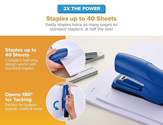 Bostitch Office Heavy Duty 40 Sheet Stapler with 1250 Staples & Claw Remover, Small Stapler Size, Fits into The Palm of Your Hand, Value Pack, Blue (B175-BLUE-VP)