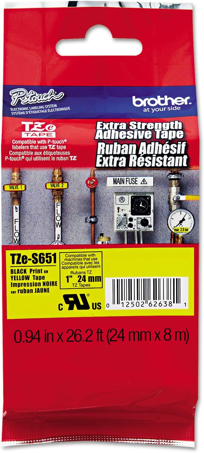 Brother Extra Strength Adhesive 1 TZ Tapes - 0.94 Width x 26.25 ft Length - Thermal Transfer - Black, Yellow - Polyethylene - 1 Each