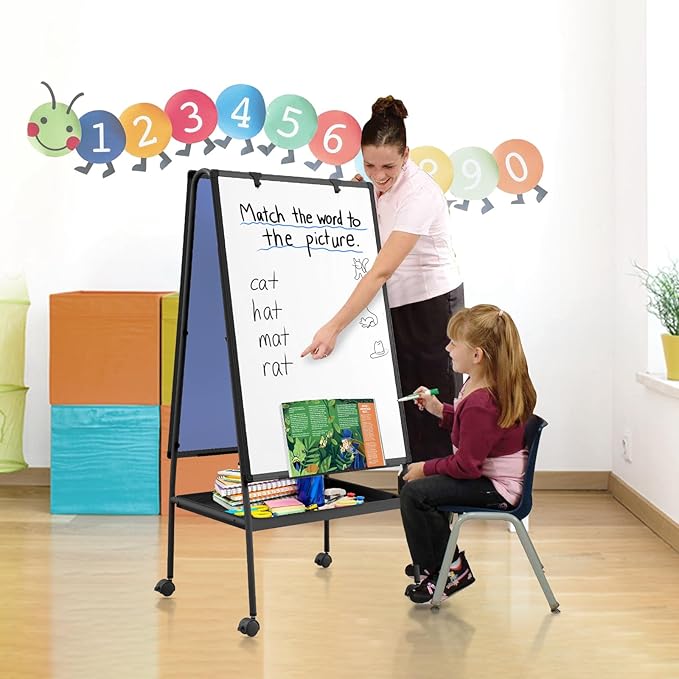MAKELLO Rolling White Board on Wheels 36x24 in, Double-Side Standing Whiteboard Cork Board Combo with Storage Tray for Office Classroom Commerce, Height Adjustable, Aluminum Frame, 3'x2'