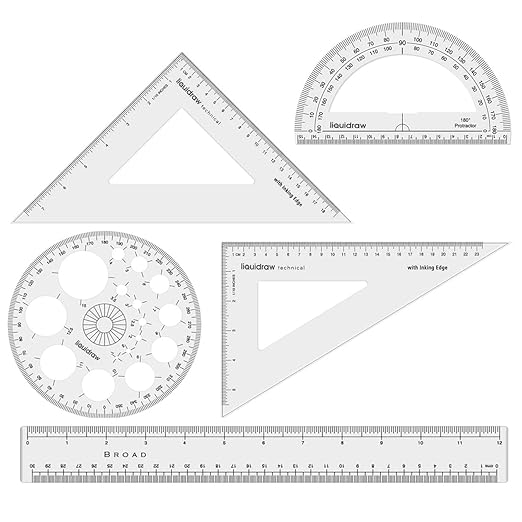 Liquidraw Geometry Set - 5 Piece | 2 x Set Square Triangle Ruler, Semi Circle Protractor, Circle Protractor, 12" Ruler | Professional Quality | Work or School Supplies | Mm & Inch Markings | Clear