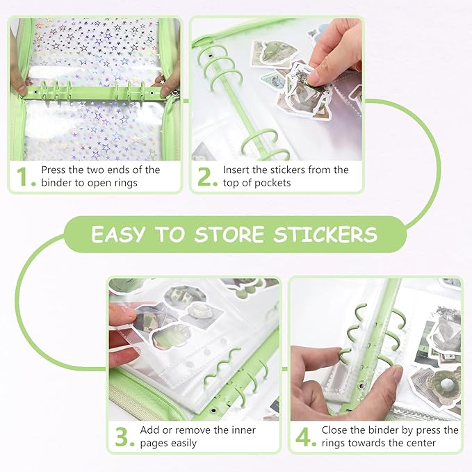 Sticker Organizer Binder - Reusable Sticker Collecting Book Storage Album Holder with Pocket Pages A5 Zipper Cover Collection Container (Green)