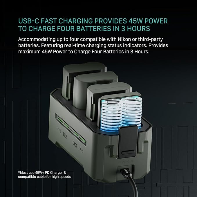 Tilta EN-EL15C Charging Station Battery Kit, 4-Slot 45W PD USB-C Fast Charger | Compatible with Nikon EN-EL15C Cameras | Compact Portable Charging Hub, 2 Batteries - Green