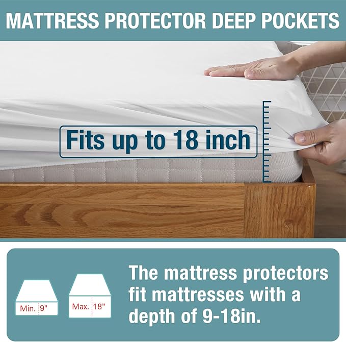 Bedecor 2 Packs Queen Mattress Protector Waterproof Protection Soft Cotton Terry Top Cover,for Babies Pregnant Women Incontinent Persons Deep Pocket to 18"