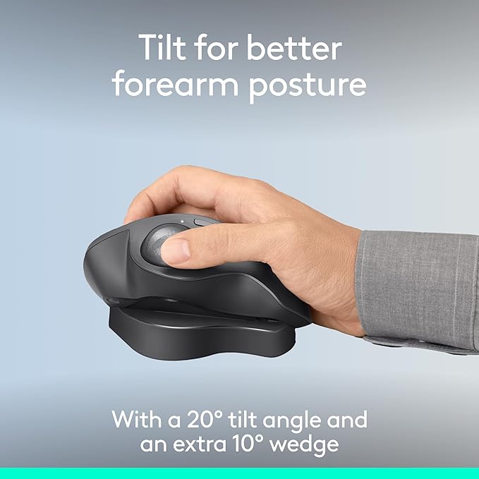 Logitech MX Ergo S Advanced Wireless Trackball Mouse, USB-C Rechargeable Wireless Ergonomic Mouse with Bluetooth and Encrypted Dongle, 6 Programmable Buttons, for PC/Mac