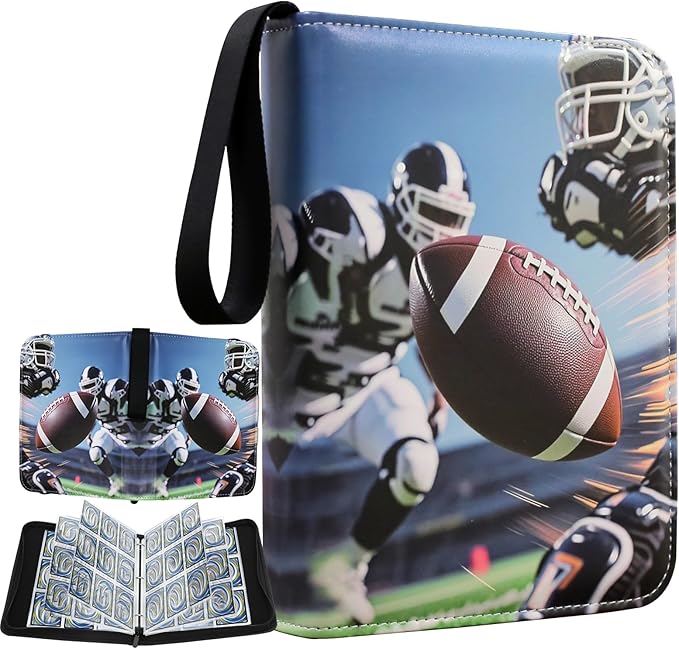 900 Pocket Card Binder – 9-Pocket Trading Card Album for Football, Game, Membership, Shopping Cards – Sports Design with Zipper & Wrist Strap