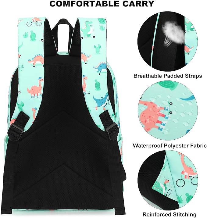 Dinosaur Girls Backpack for School, Kids Elementary School Bag Teens Middle Bookbag Set with Lunch Box Pencil Case (Green)