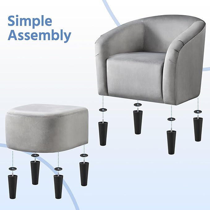 Yaheetech Accent Chair with Foot Rest, Mid Century Modern Upholstered Soft Barrel Chair Comfy Fabric Armchair and Footrest Set for Living Room/Bedroom/Reading Room, Gray, 2pcs