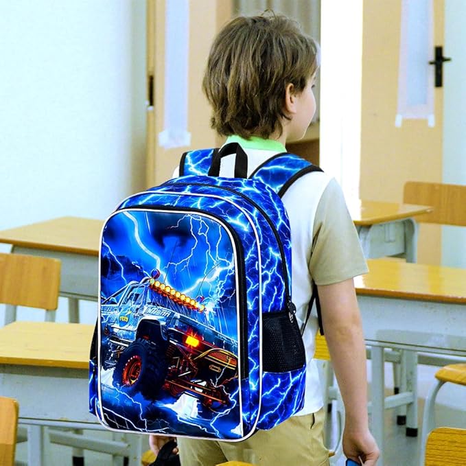 KLFVB 3PCS Kids Backpack Set, 17" Boys Truck Bookbag and Lunch Box, Water Resistant School Backpacks for Teenagers Middle Elementary - Lightning Truck