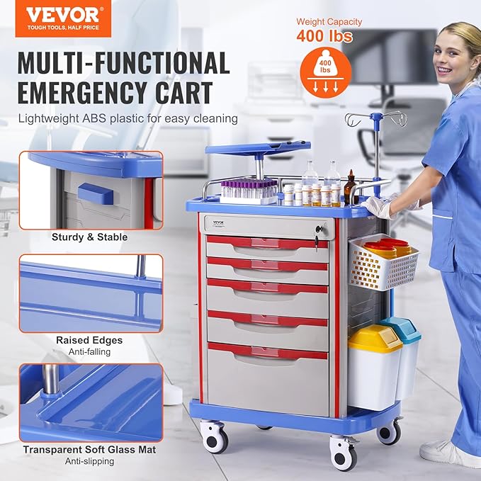 VEVOR Medical Crash Cart, Nursing Emergency Rolling Cart with 5 Drawers & 4 Silent Wheels, Adjust IV Pole, Needle Disposal Holder, Trash Bin, O2 Holder, Mobile Trolley for Hospital, Clinic, Lab, Salon