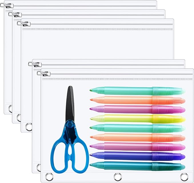 Lincia 5 Pack Clear Pencil Pouch for 3 Ring Binder Pencil Case with Zipper 3 Ring Binder Pocket Insert Bag 10 x 7'' Visible Cash Envelope with Re-enforced Grommet for Office (Clear)