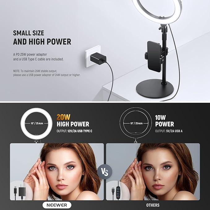 NEEWER 10" 20W LED Ring Light with Desk Stand Phone Holder for iPhone Laptop, Bi Color 2900K-7000K, USB C PD Input, CRI97+ 1660LX/0.5m, Selfie Makeup TikTok Recording Video Conference Lighting, RH10B