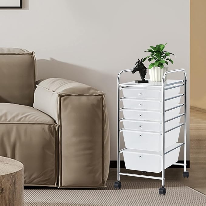COSTWAY 6-Drawer Rolling Storage Cart, Multifunctional Art Craft Tools Organizer on Wheels, Heavy Duty Utility Mobile Storage Trolley w/ 2 Lockable Wheels for Home Office School (Clear)