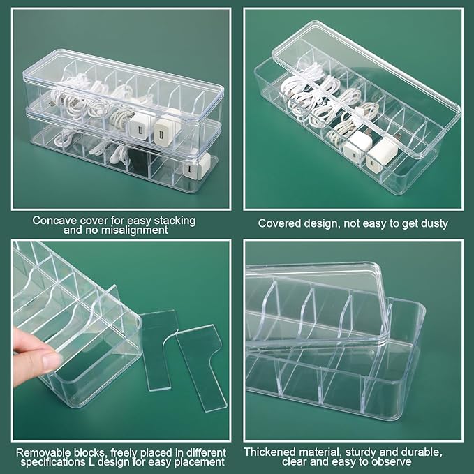 Cable Organizer Box with Lid, 5 Pcs Clear Cord Storage Organizer with 50 Cable Ties 108 Cable Labels, Charger Organizer for Office Desk Drawer Organizers and Accessories