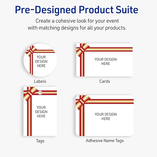 Avery Printable Christmas Adhesive Name Badges, Rectangle, 2-1/3" x 3-3/8", Pre-Printed Red & Metallic Gold Gift Bow Design, Matte White, Laser & Inkjet Compatible, 80 Total