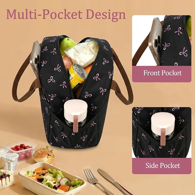 CAMTOP Lunch Box for Women Men Insulated Lunch Bag Lunch Tote Bag Leakproof Thermal Cooler Large Capacity for Travel Work School Picnic (Black Pink Bow)